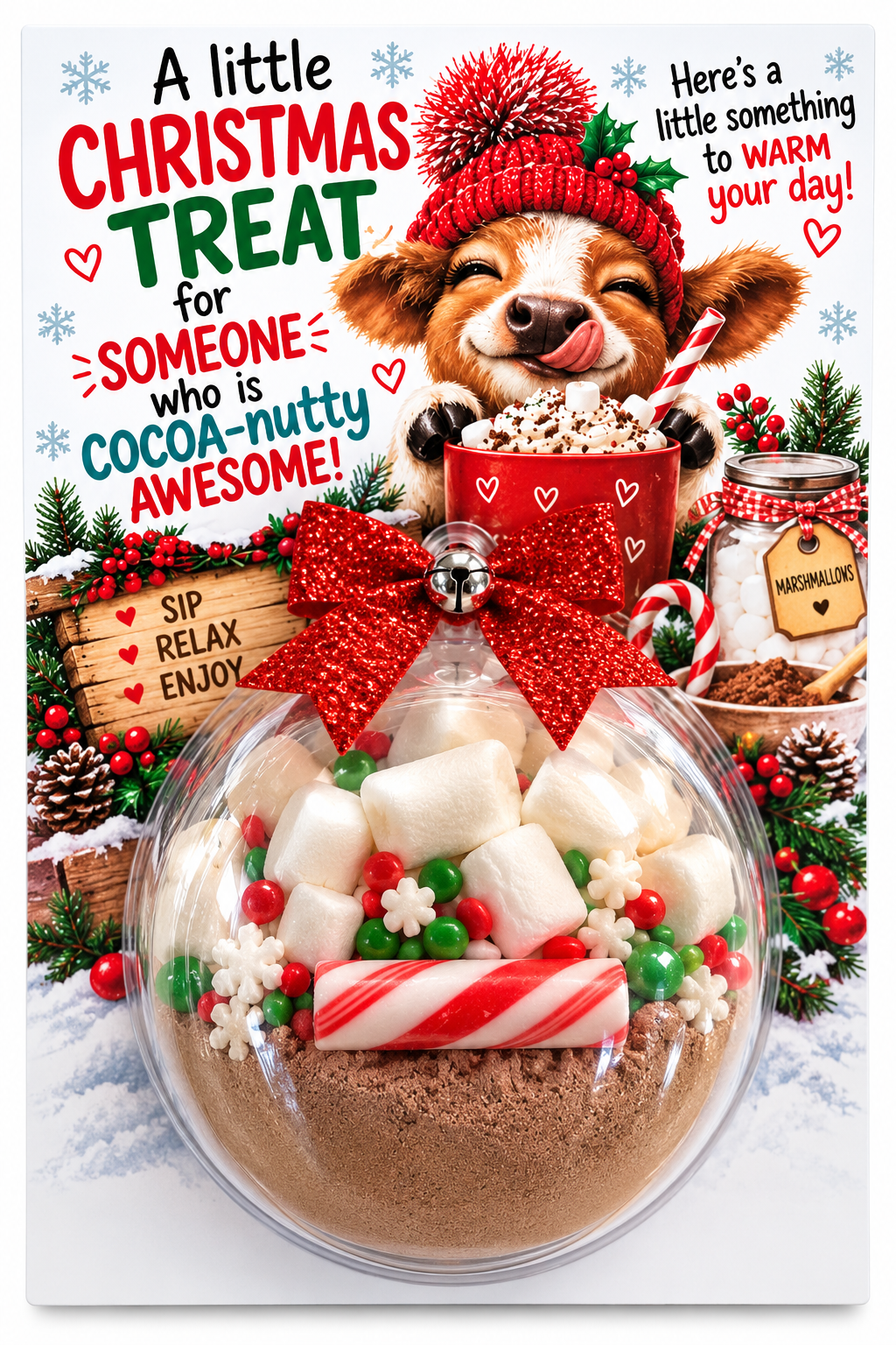 Highland Cow Christmas Card with Cocoa Ornament